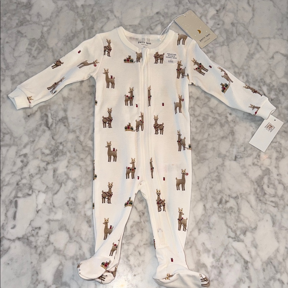 Petit Lem Cream Reindeer Print Footie